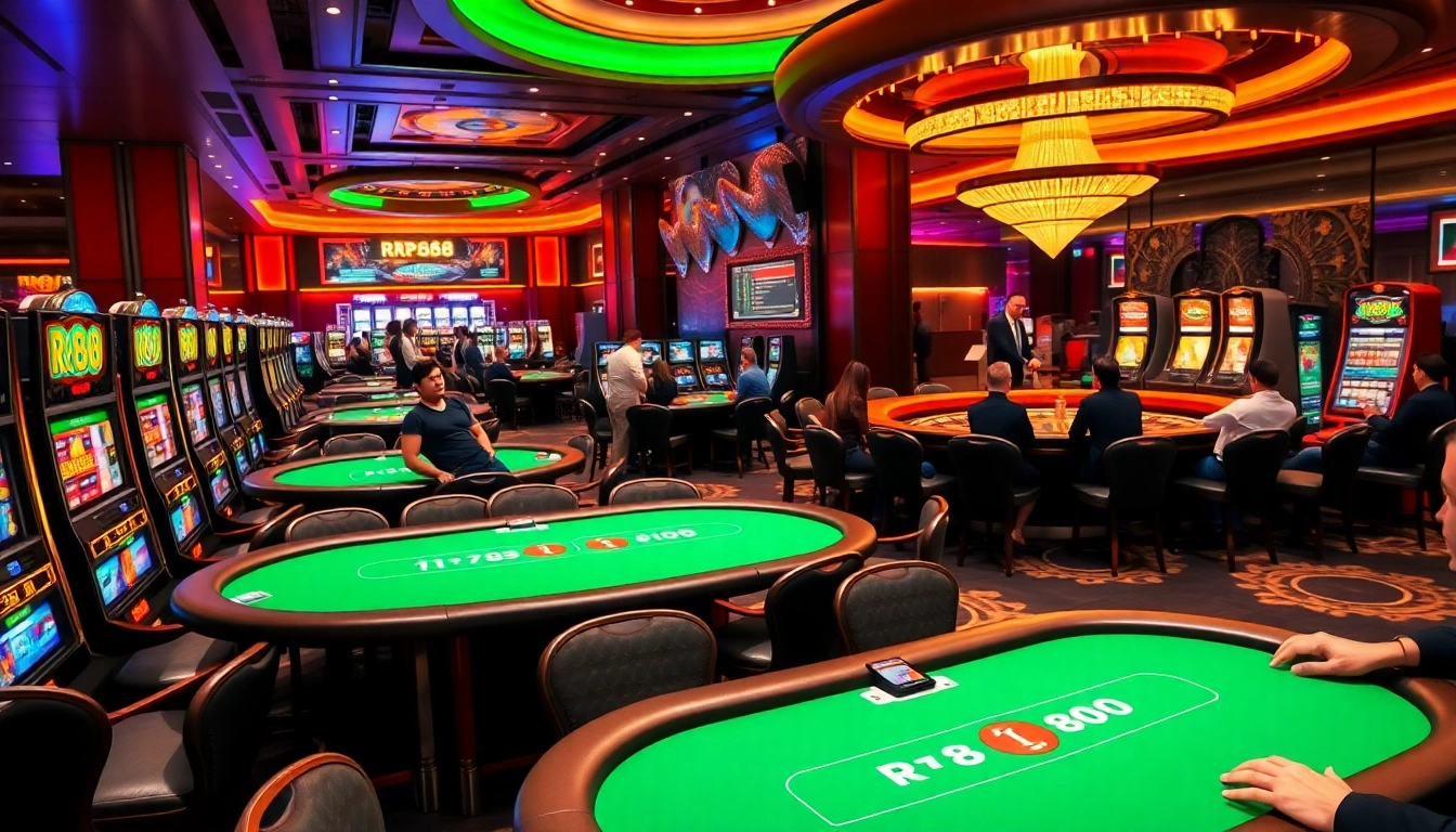 Players enjoying casino games at RR88 with vibrant slots and engaging poker tables.