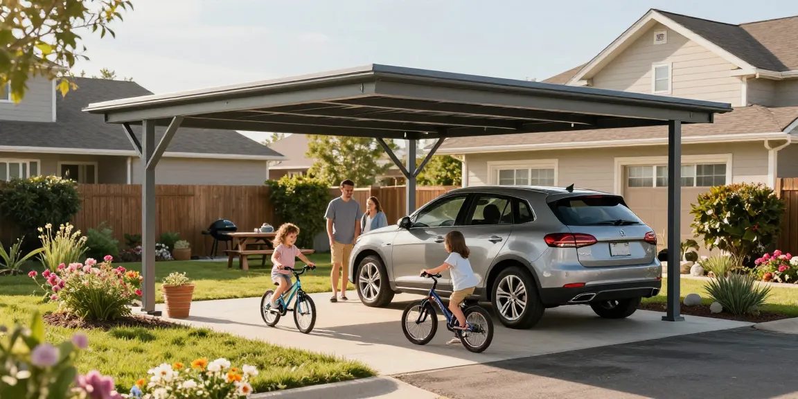 Moderne Carport-Struktur, die ein Familienauto schützt, mit spielenden Kindern im Garten.