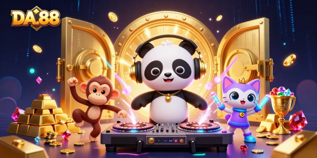 Engage with the vibrant world of DA.88 casino fun, featuring a DJ panda and breakdancing monkey!