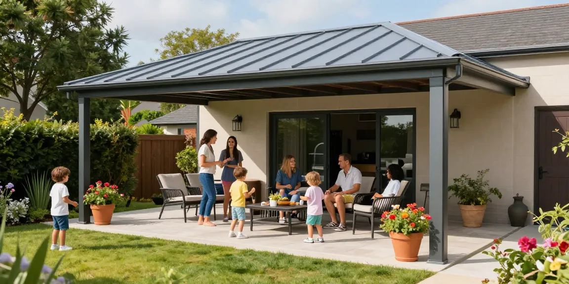 Terrassenüberdachungen in einem schönen Garten mit einer Familie, die Zeit miteinander verbringt.