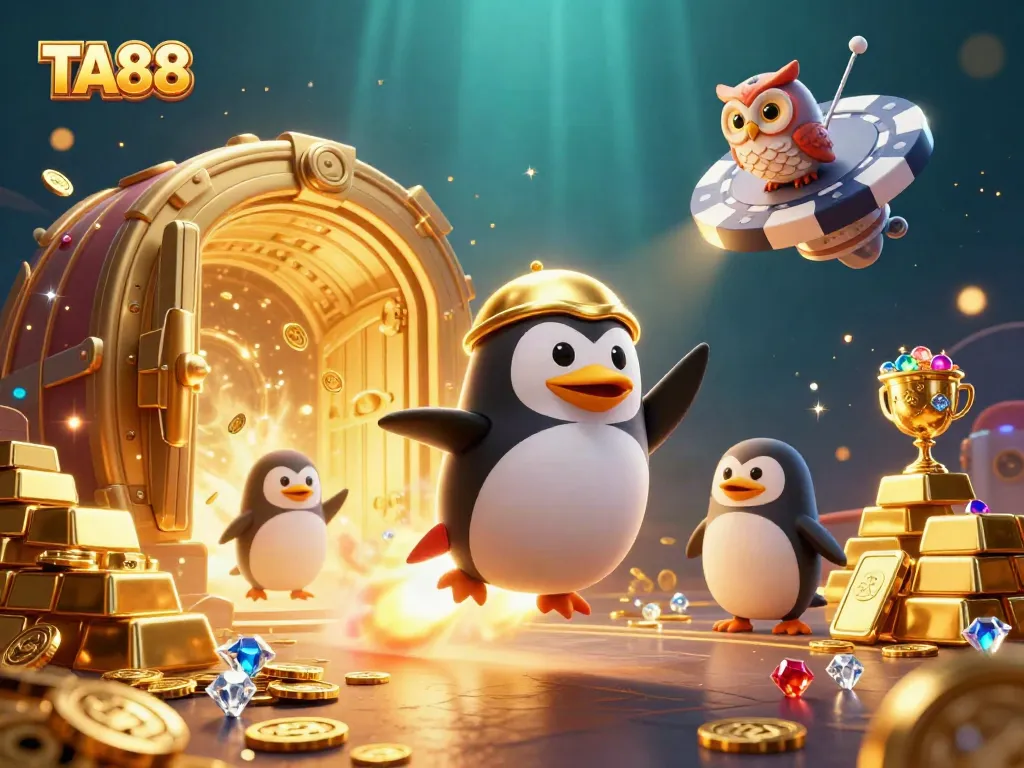 TA88's rocket-powered penguin flies to the casino, surrounded by treasures and sparkling gems.