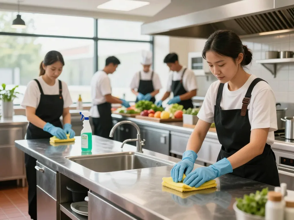 Professionelle Küchen- und Gastronomiereinigung in Münster, die eine makellose Restaurantküche zeigt, die gereinigt wird.