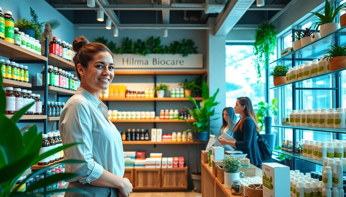 Hilma biocare wellness products displayed prominently in a vibrant shop interior.