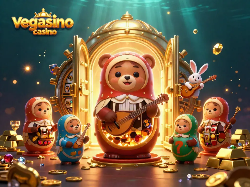 Experience the vibrant atmosphere of vegasino casino with energetic characters, lively slot reels, and scattered treasures.