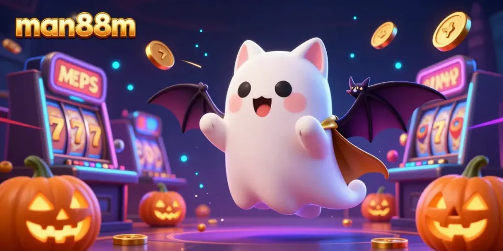 A 3D cartoon ghost cat explores a lively casino filled with colorful slot machines for man88m promotions.