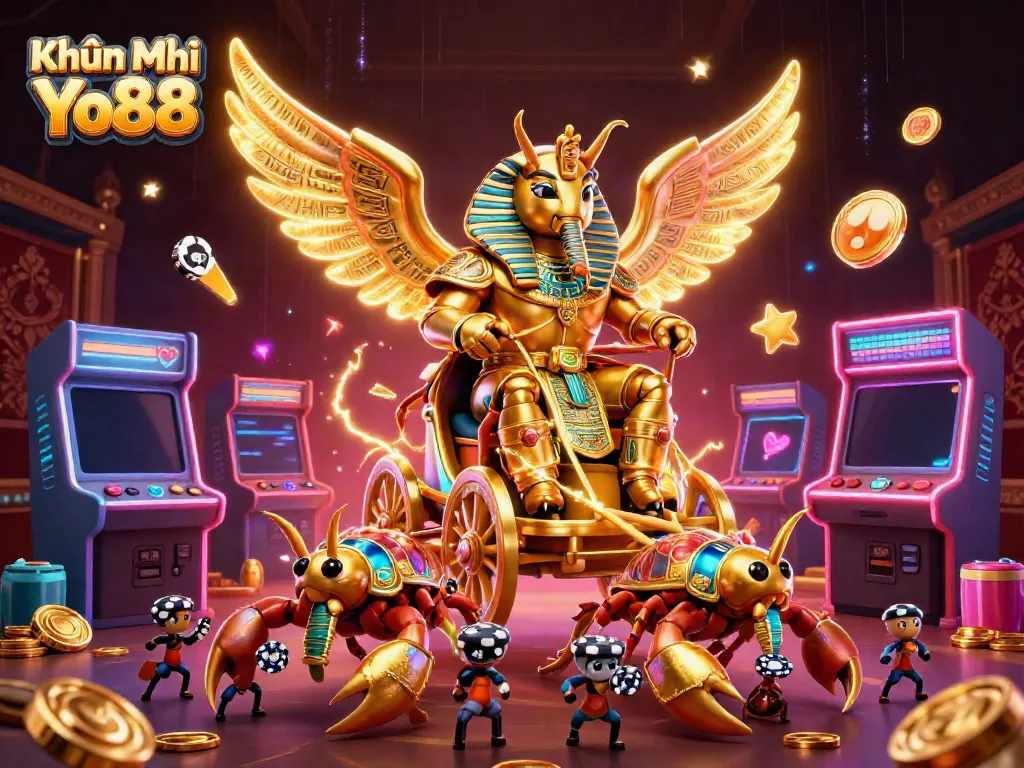 Engage in thrilling gameplay with Khuyến Mãi Yo88 showcasing vibrant characters and casino elements.