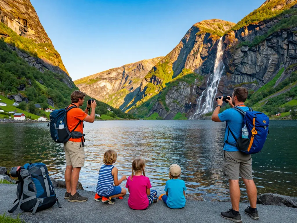 Skandinavien Reisetipps: Familie genießt ein Sommerfjordabenteuer in Norwegen, mit malerischen Ausblicken und Outdoor-Aktivitäten.