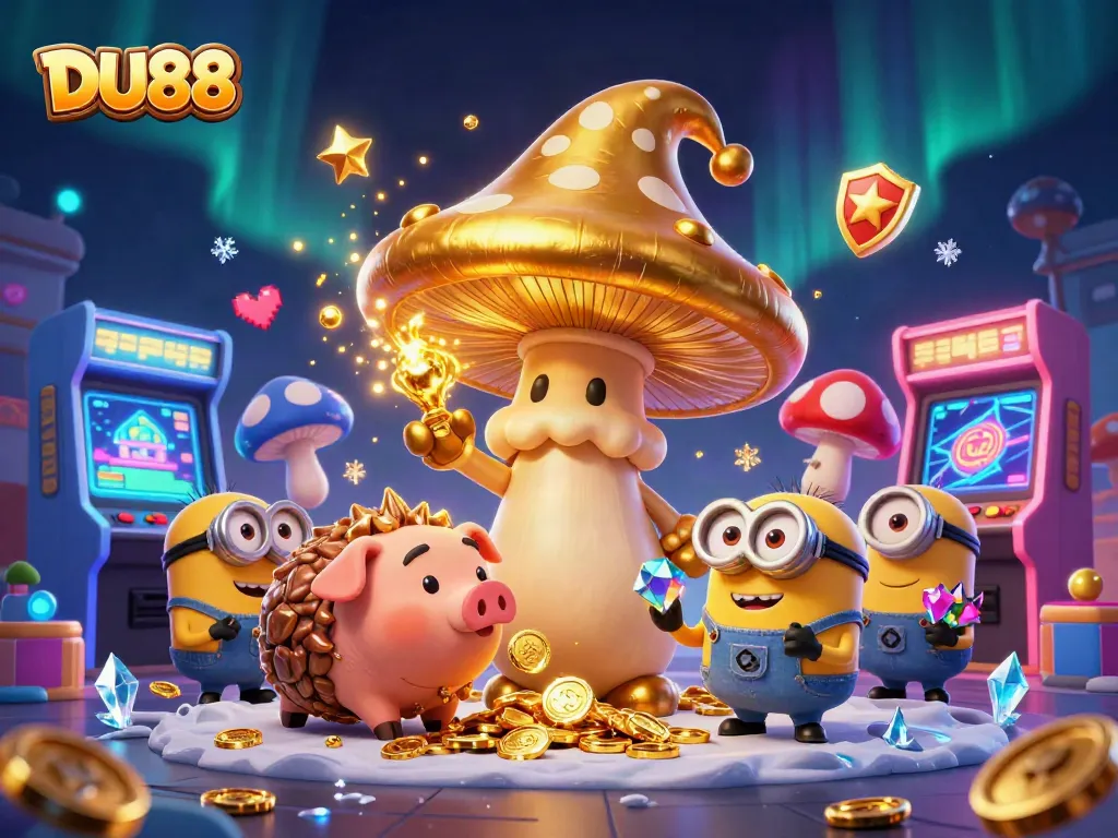 Experience DU88's magical world with a vibrant 3D illustration of a golden mushroom wizard and treasures.
