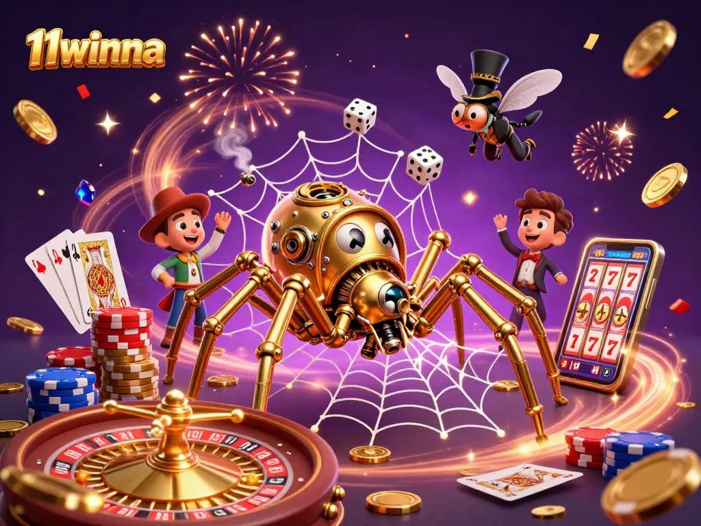 Experience excitement with 11winna as a magical 3D spider catches dice in a golden web while celebrating casino wins.