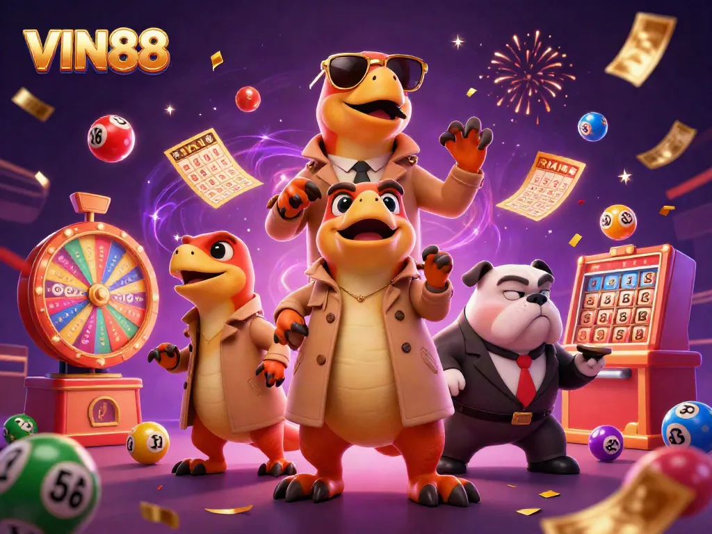 VIN88 raptors sneak into a casino lounge amid colorful lottery elements for an exciting gaming experience.