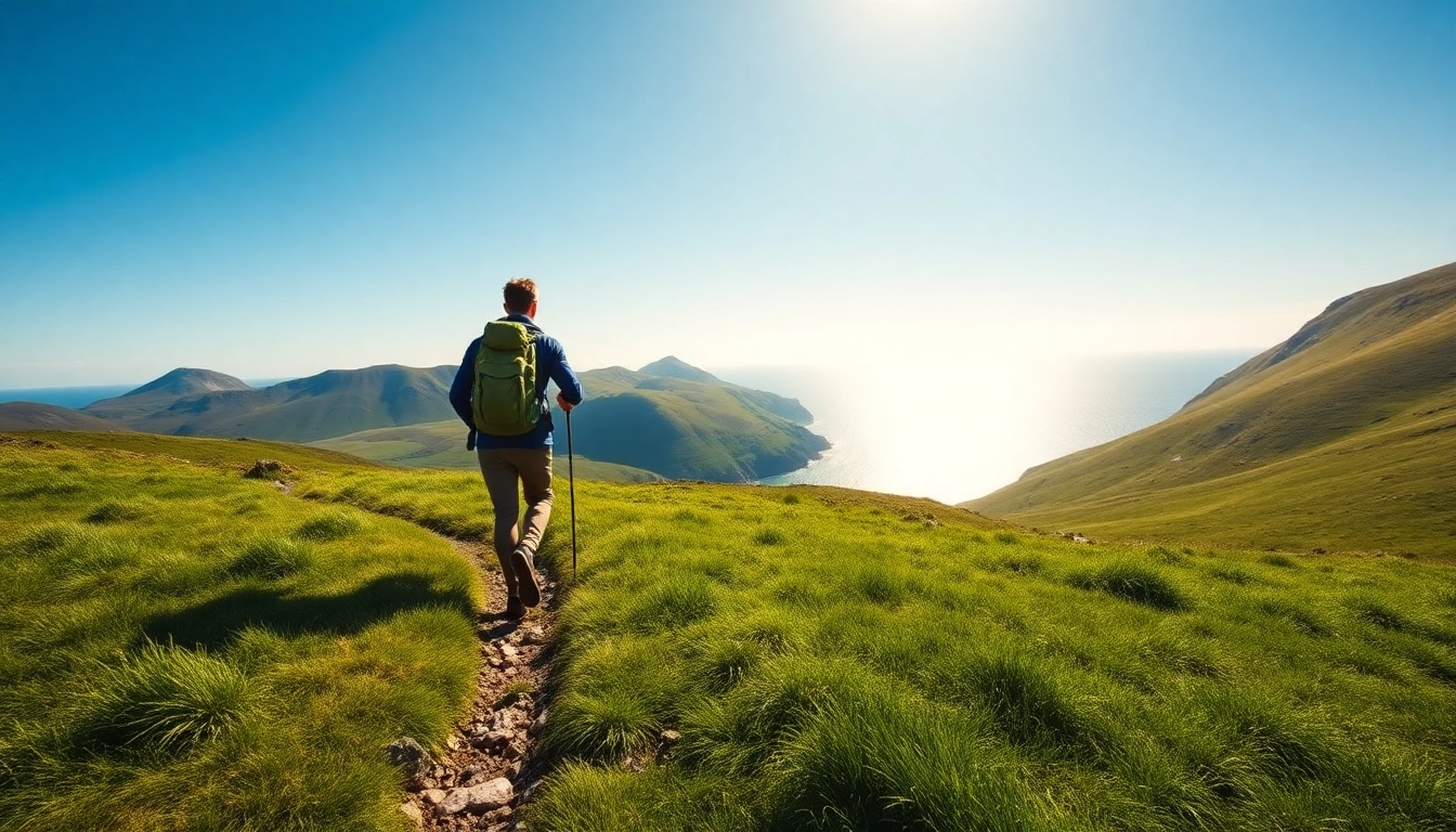 Dingle Way wandern: Hiker traversing the beautiful Dingle Way surrounded by lush greenery.