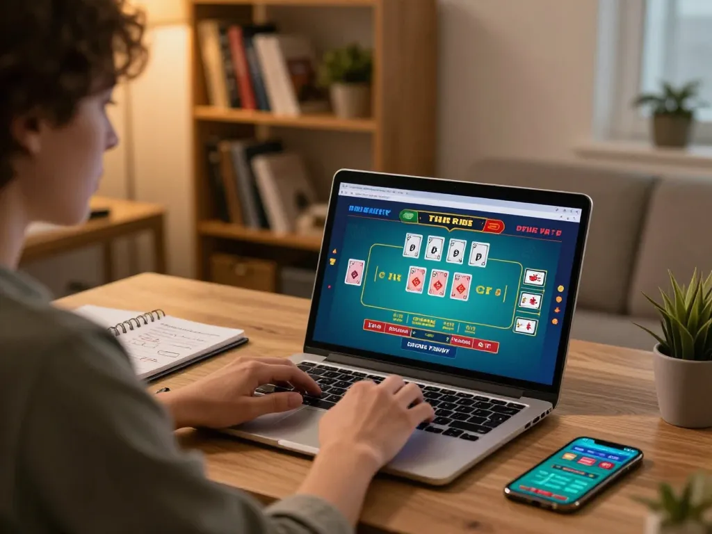 Engaging in a Plagiat Scan while playing an online casino game on a laptop at home, surrounded by strategic notes and warm lighting.