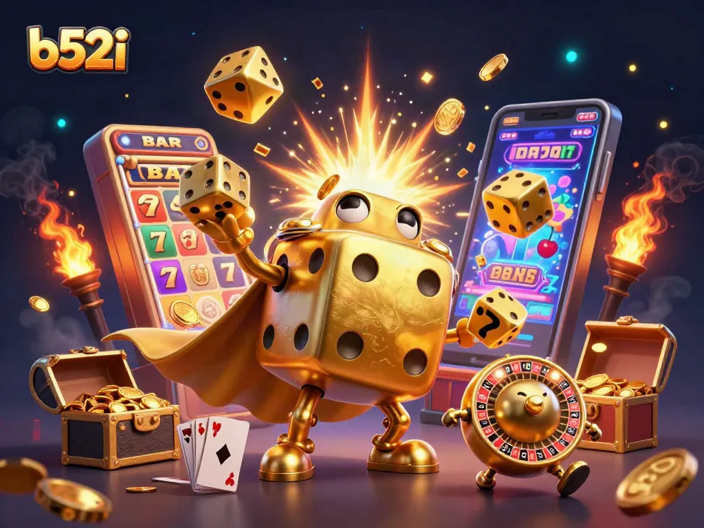 Experience high-stakes excitement with b52i's golden dice golem amid vibrant casino elements.