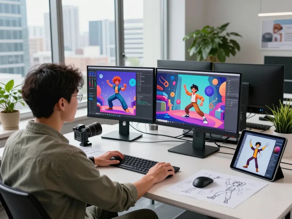 Designer using motion control AI technology to create vibrant animations in a modern studio.