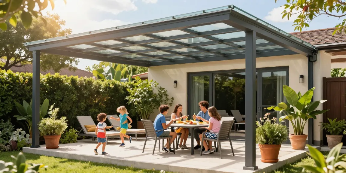 Moderne Terrassenüberdachung mit Familie an einem sonnigen Tag, das Ambiente ist einladend und fröhlich.