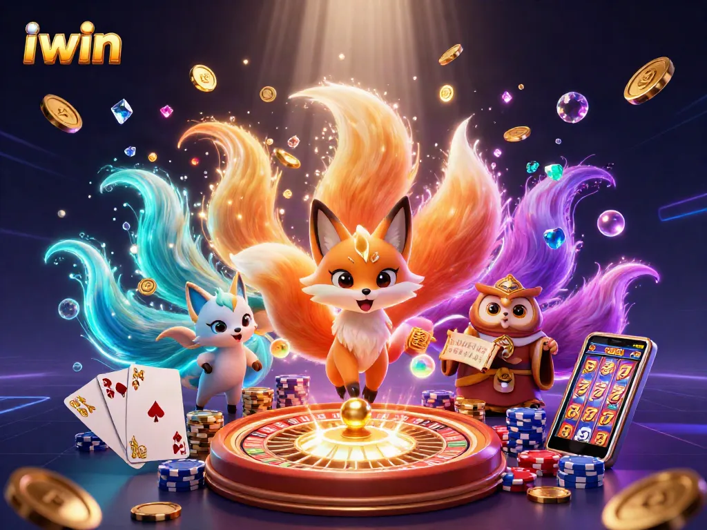 Spin to win with iwin, featuring a vibrant nine-tailed fox and glowing gems in a casino scene.