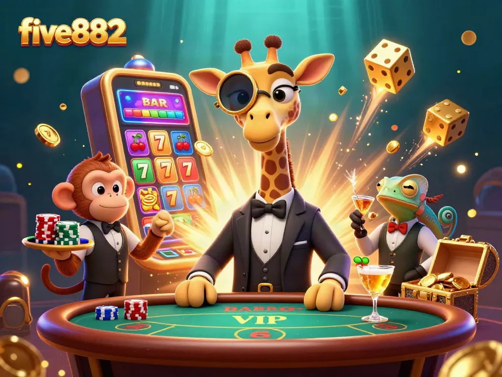 Experience the excitement of five882 with a vibrant cheering crowd and thrilling slot machine action!
