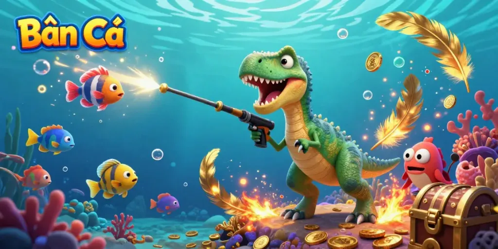 Experience thrilling Bắn Cá gameplay with a skilled velociraptor shooting colorful fish underwater.