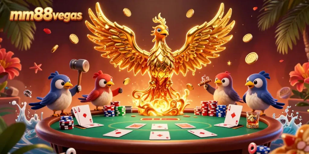 Experience the dazzling gaming world of mm88vegas with a phoenix emerging from a forge, surrounded by poker elements.