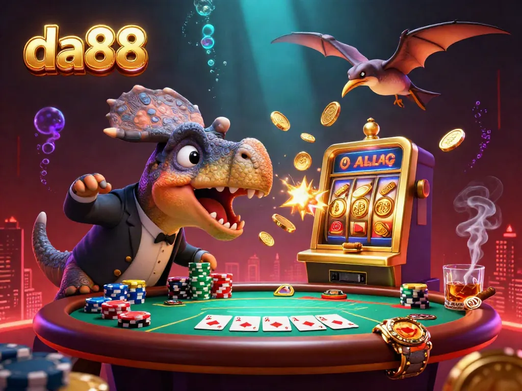 Experience jackpot wins at da88 with a pachycephalosaurus celebrating a slot machine payout amidst vibrant casino games.
