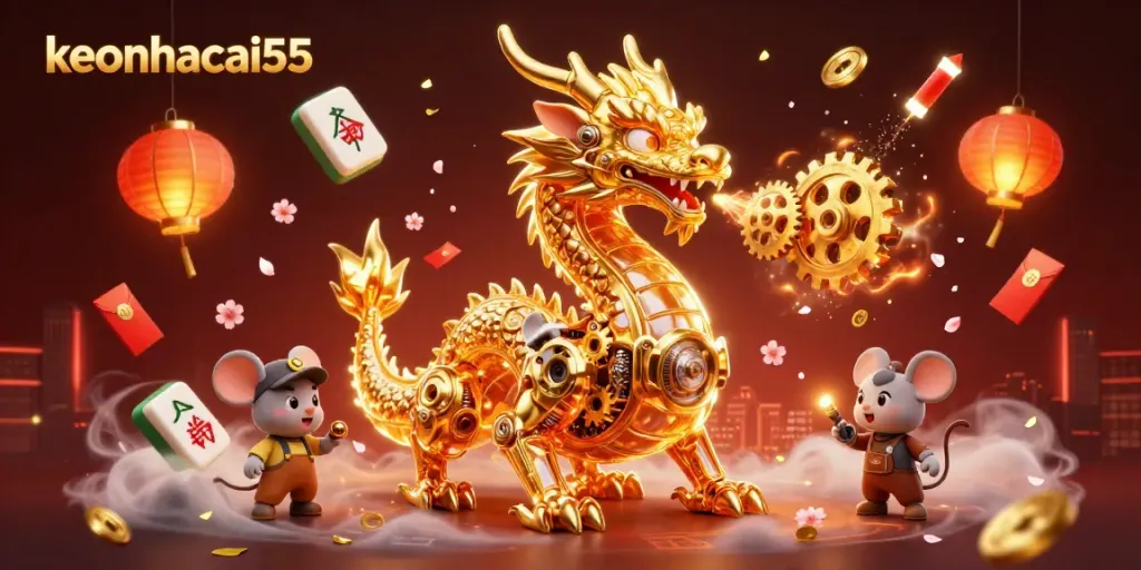 Experience keonhacai55 with a lively 3D illustration of a golden dragon showcasing intricate clockwork and joyful gambling elements.