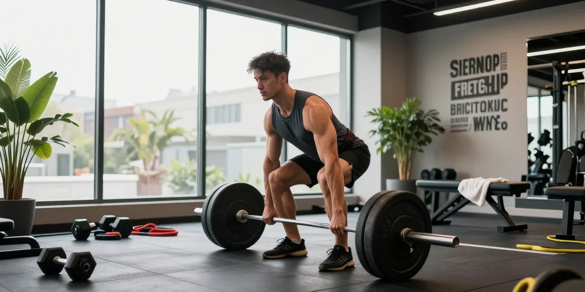 Muskeltraining im Fitnessstudio, das die Steroidshop-Erfahrung mit Gewichten und motivierender Atmosphäre zeigt.