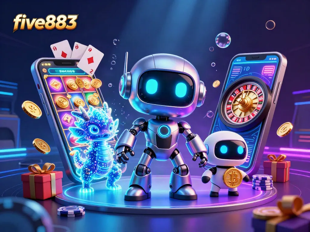 Win big with five883 at the casino, featuring a dynamic 3D scene with vibrant gaming elements.