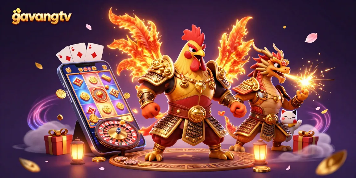 Spin the reels with gavangtv's dynamic fighting rooster and dragon in a vibrant casino scene.