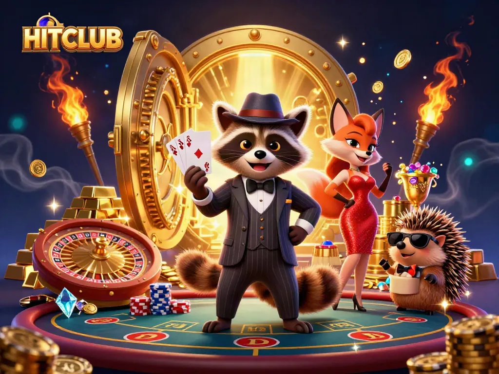 Engage in thrilling gameplay at HITCLUB with a raccoon and friends in a vibrant casino scene.