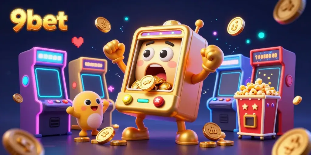 Experience the excitement of 9bet with a vibrant jackpot scene featuring animated slot machines and colorful gaming elements.