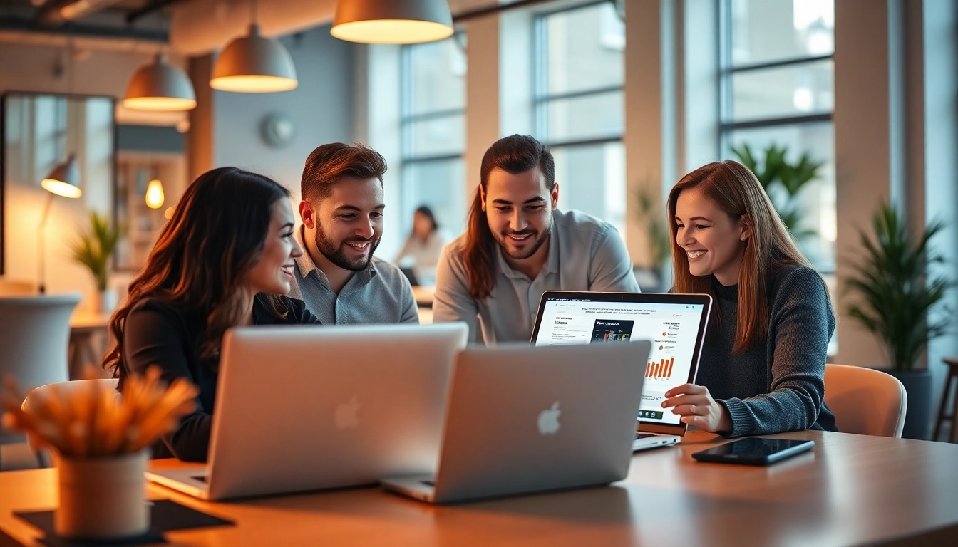 Marketing team strategizing at an Online Marketing Agentur in meiner Nähe with laptops and charts.