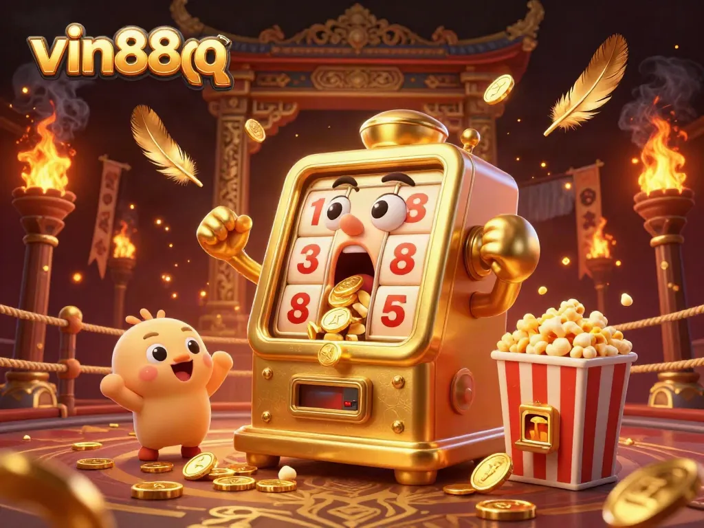 vin88qq captures the excitement of winning with a golden slot machine and cheering baby slots.