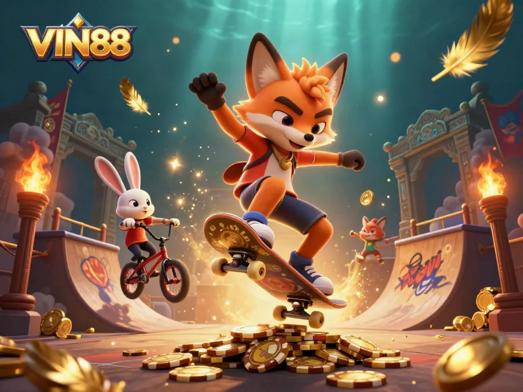 Watch a dazzling VIN88 scene as a skateboarder fox flips over poker chips amid casino symbols.