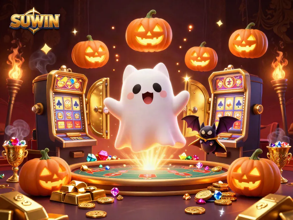 Suwin showcases a captivating ghost cat and bat in a bustling casino surrounded by glowing treasures.