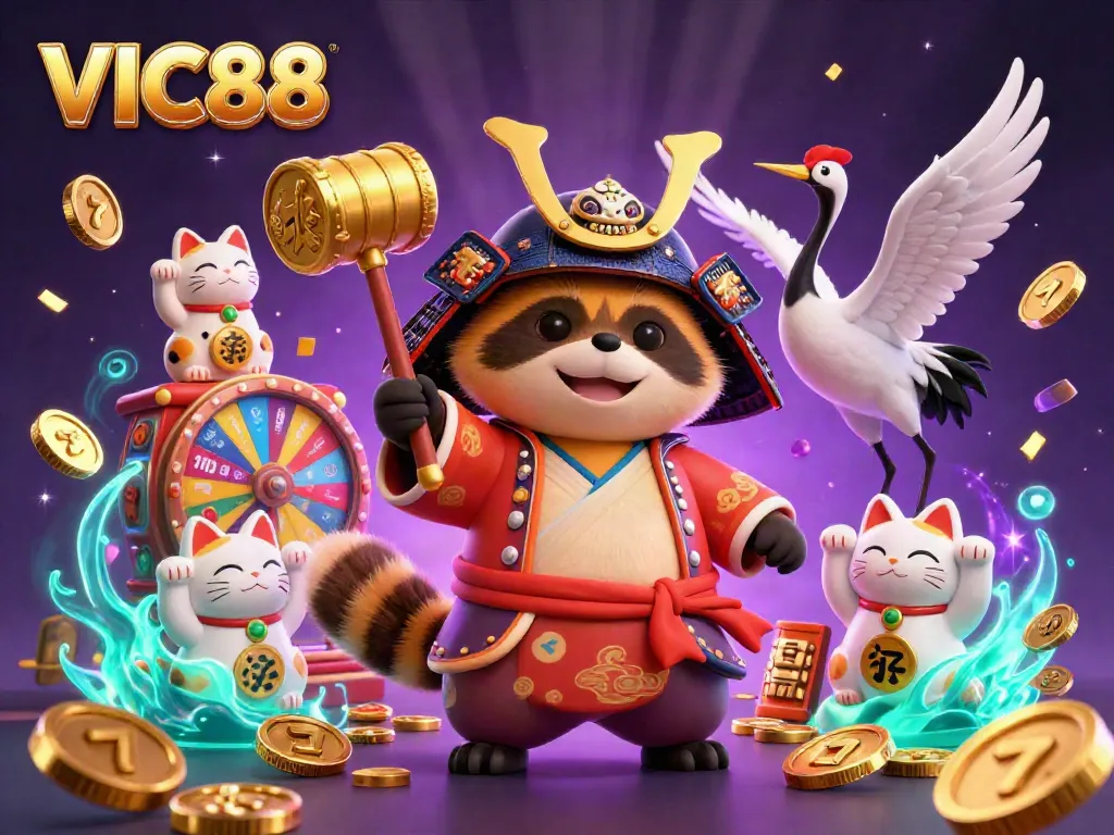 Engage with VIC88's vibrant gaming features, exploring wins with cheerful raccoon and fortune cats in action.