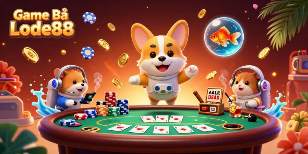 Engage in gaming excitement with Game Bài Lode88, featuring vibrant characters in a galactic casino.