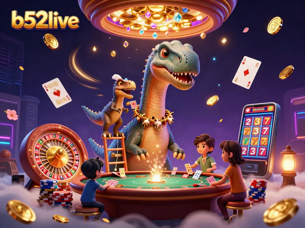 Bets fly as the b52live casino dazzles with a vibrant 3D scene, featuring a playful brontosaurus and raptor dealer.