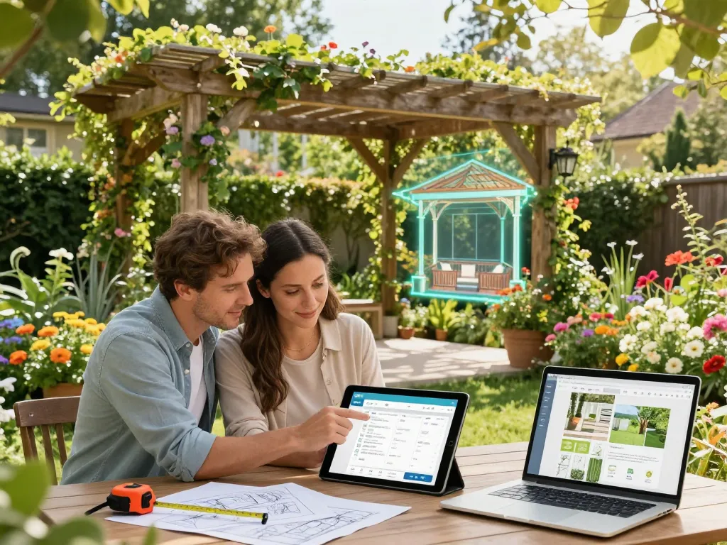 Paar nutzt einen Pergola-Konfigurator, um ein Garten-Pergola-Design in Augmented Reality zu visualisieren.
