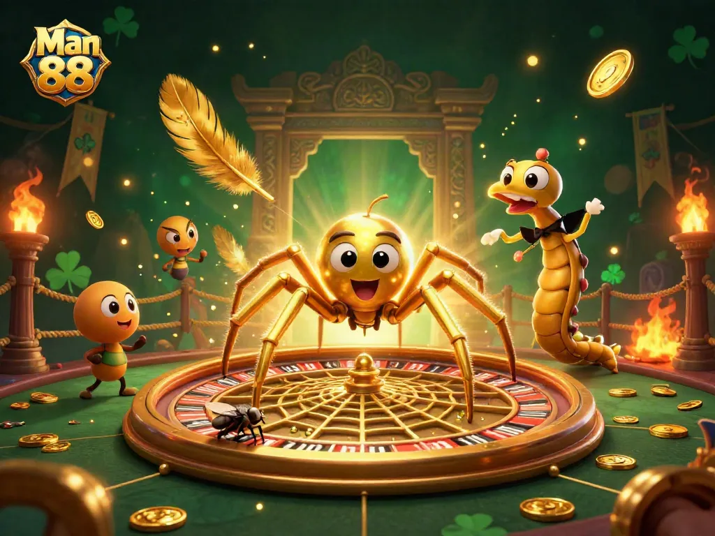 Bet on exciting games at Man 88, where a golden spider spins a roulette web in a vibrant casino.