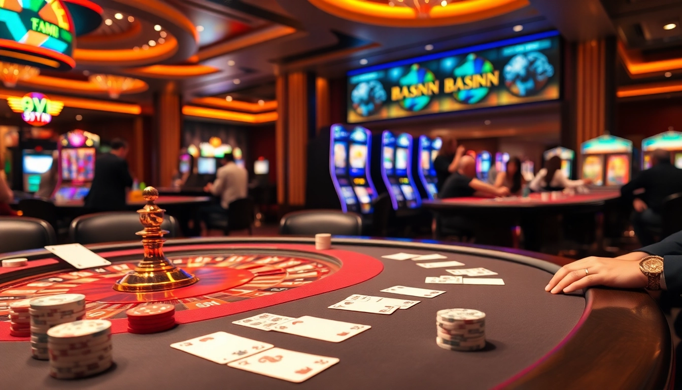 Players enjoying a thrilling game at 69VN casino with poker chips and a roulette wheel.