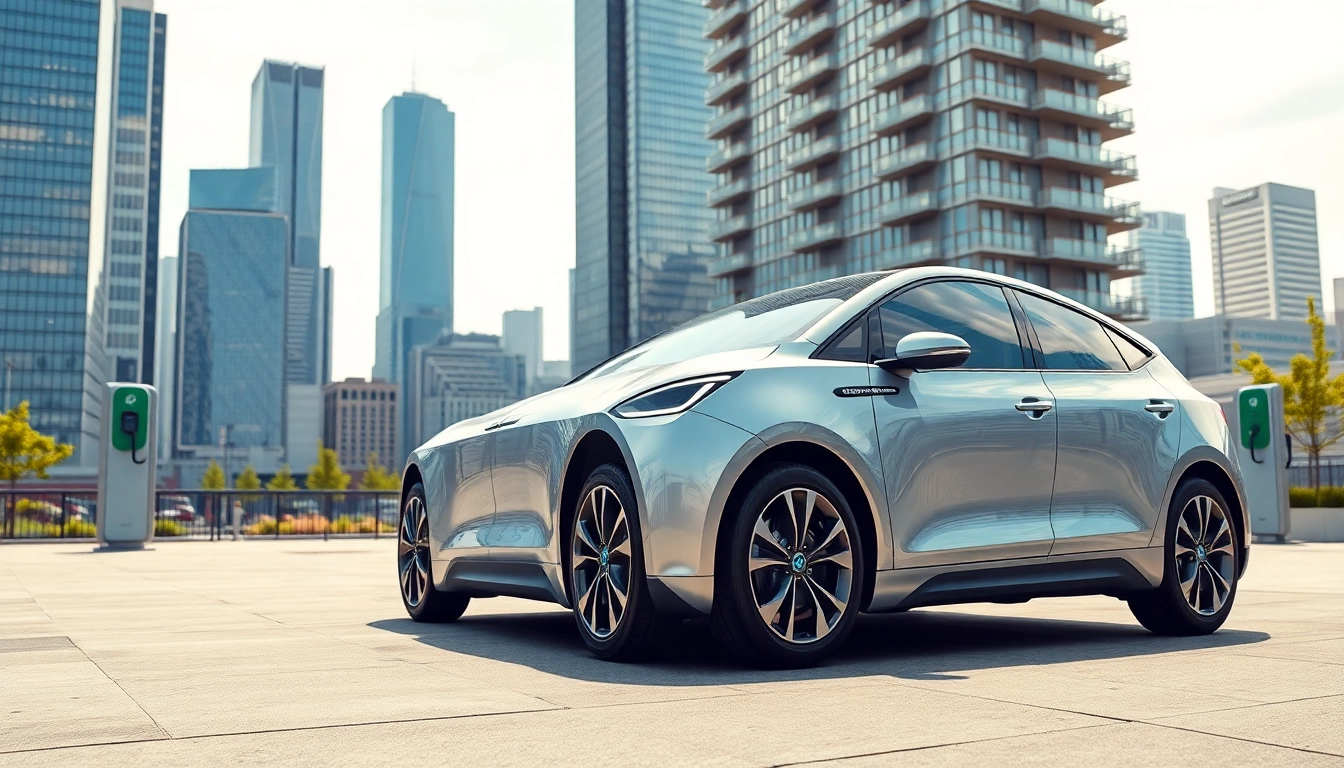 Elektroautos fahren in einer modernen Stadtlandschaft mit umweltfreundlichen Ladepunkten.