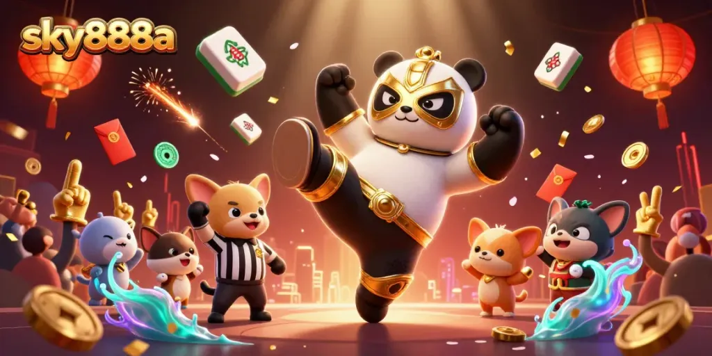 Engage with games at sky888a, featuring the exciting panda wrestler in an animated casino scene.