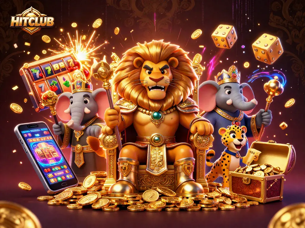 Experience HITCLUB's exciting casino adventure with a glowing jackpot explosion, vibrant characters, and dynamic gaming elements.