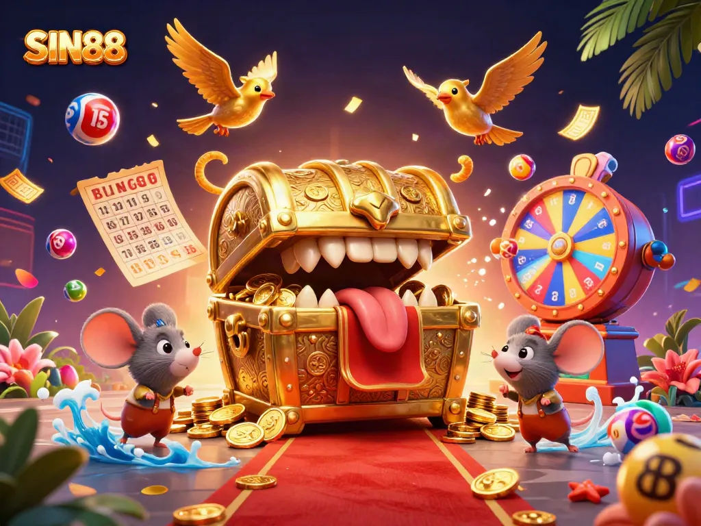 SIN88's interactive gaming scene featuring a playful treasure chest and vibrant lottery elements