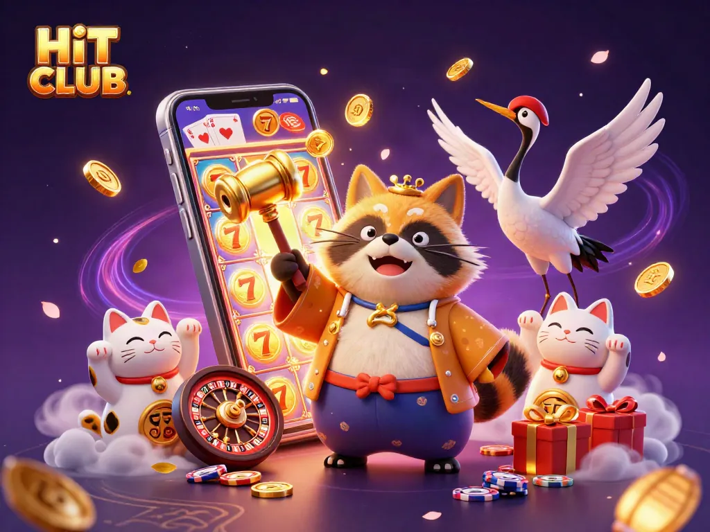 The HIT CLUB scene showcases a cheerful tanuki surrounded by vibrant casino elements, emphasizing gaming excitement.
