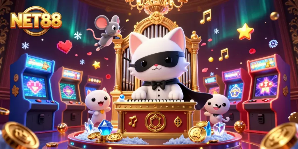 Engage with NET88 in an immersive casino scene featuring a masked cat and acrobat, surrounded by vibrant game elements.