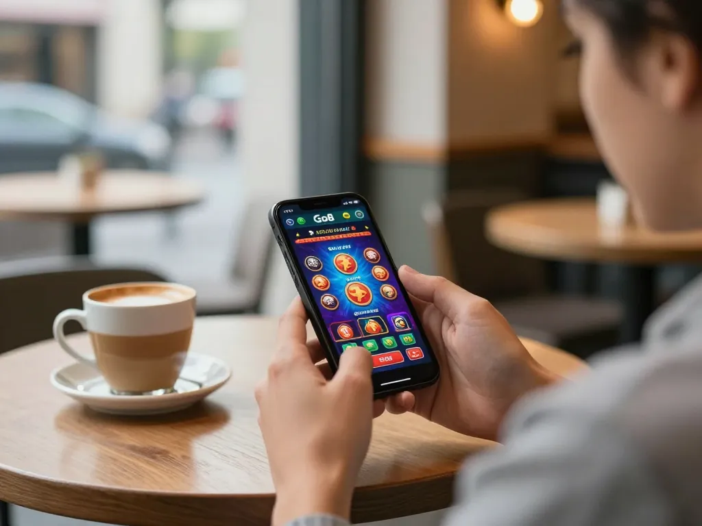 Experience the thrill of Go8 mobile gaming on your smartphone while enjoying a cozy cafe ambiance.