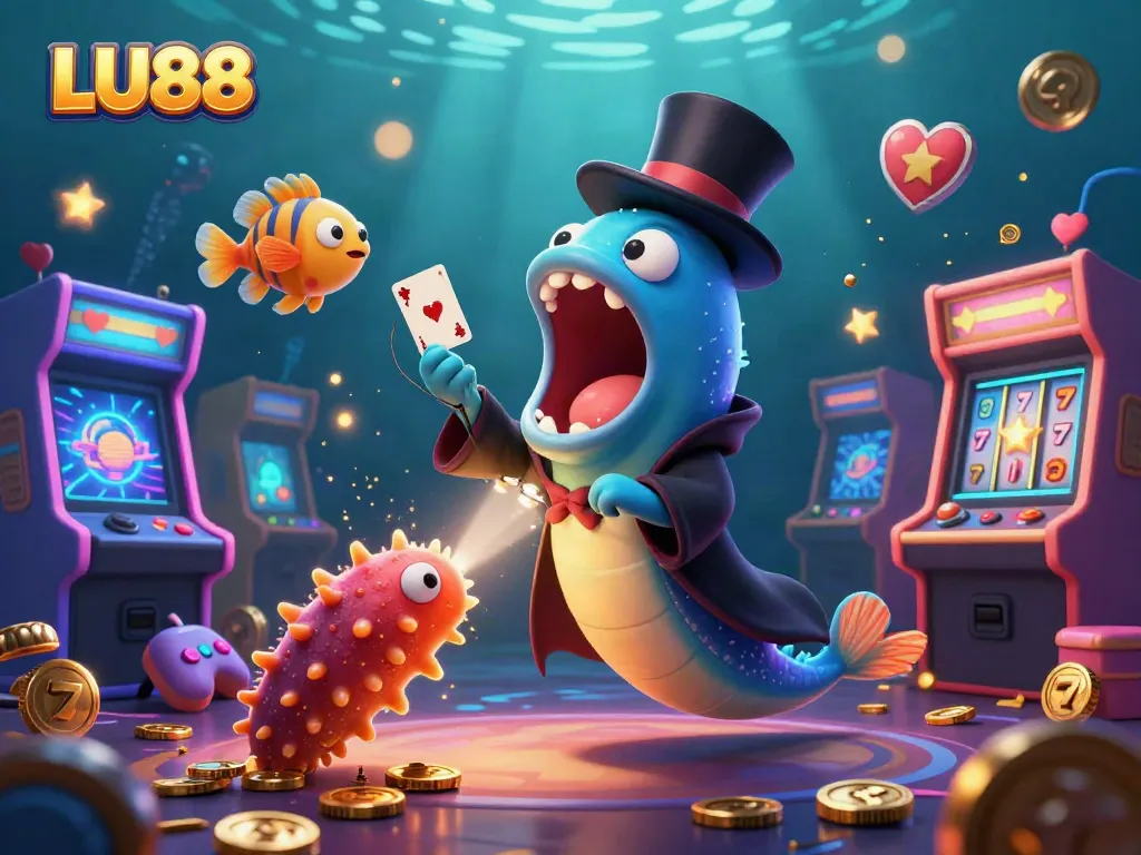 LU88 features a deep-sea gambler's paradise, with characters performing magic in a vibrant casino scene.