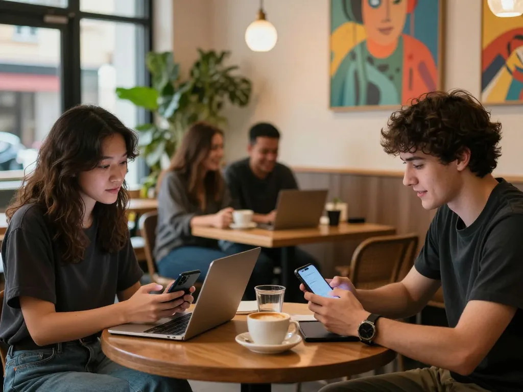 Young adults discussing sex AI chat in a cozy urban cafe setting.