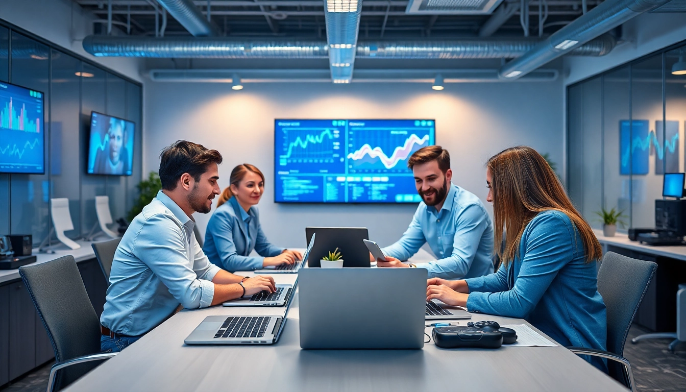 IT Dienstleister in einem modernen Bueroumfeld bei der Team-Arbeit.